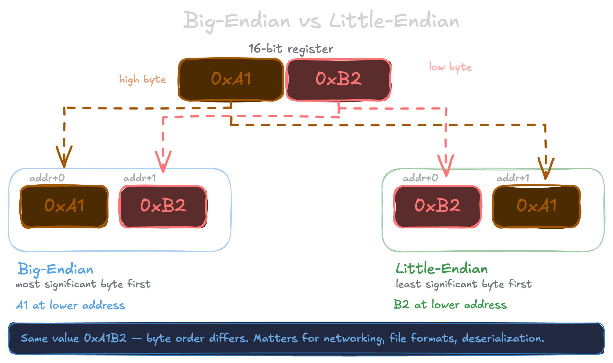 Big-Endian vs Little-Endian: the value a1b2 stored in memory, with Big-Endian keeping the natural reading order and Little-Endian reversing the bytes